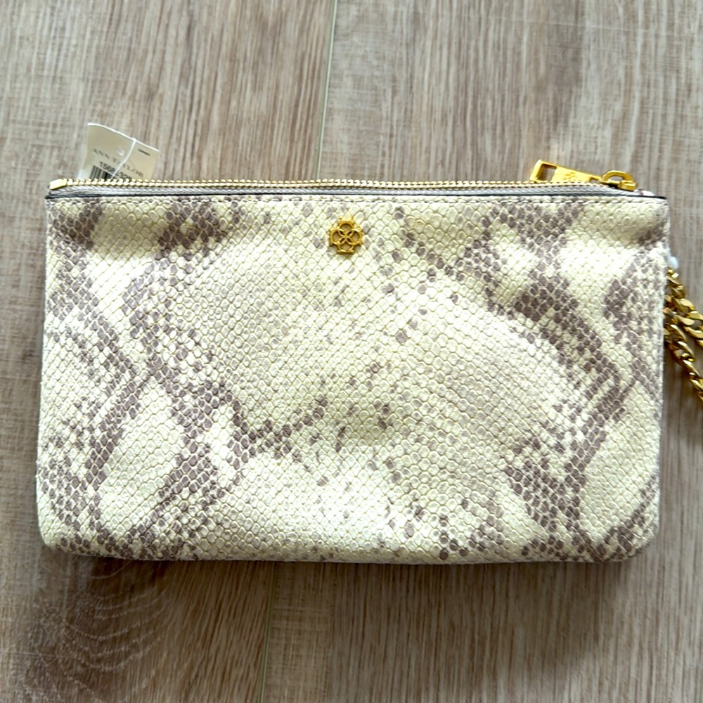 Ann Taylor snake skin pattern double zipper crossbody handbag with gold accents